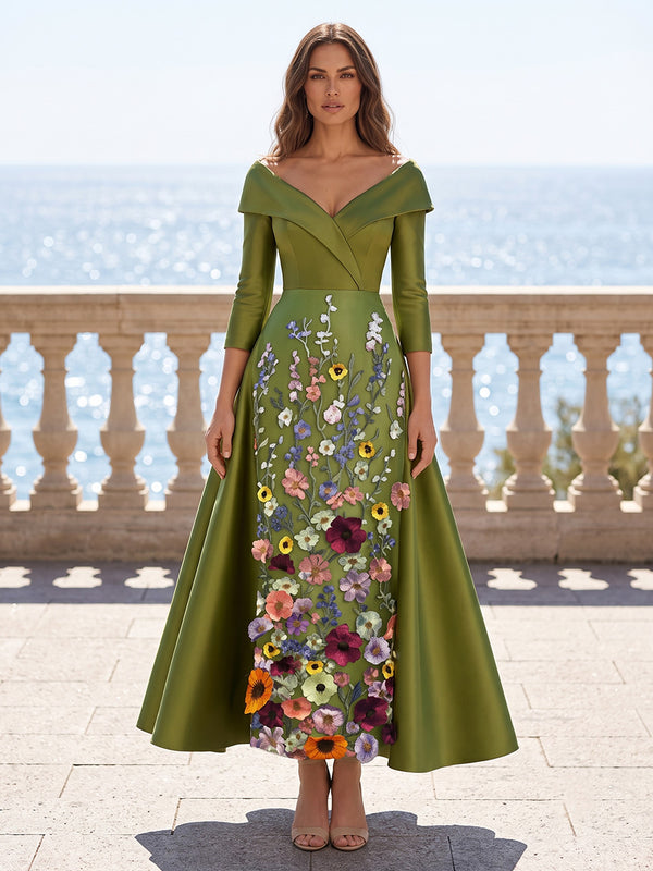 Satin A-Line/Princess Off Shoulder Tea-Length Mother of the Bride & Groom Dresses with Floral Embroidery