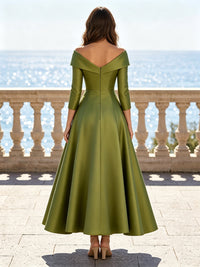 Satin A-Line/Princess Off Shoulder Tea-Length Mother of the Bride & Groom Dresses with Floral Embroidery