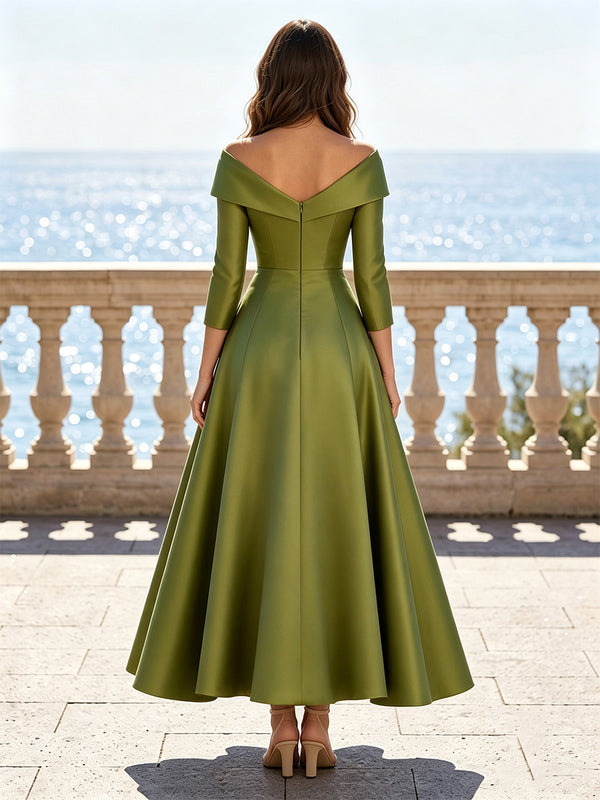 Satin A-Line/Princess Off Shoulder Tea-Length Mother of the Bride & Groom Dresses with Floral Embroidery