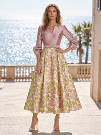 Jacquard A-Line/Princess V-Neck Tea-Length Mother of the Bride & Groom Dresses with Pleats