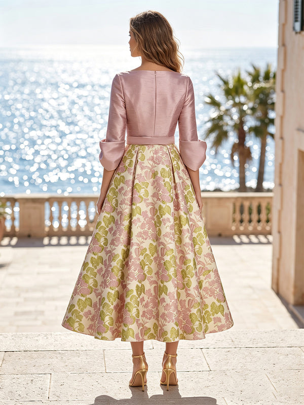 Jacquard A-Line/Princess V-Neck Tea-Length Mother of the Bride & Groom Dresses with Pleats