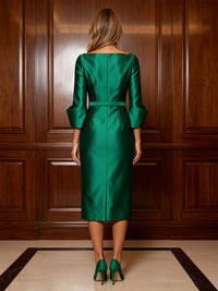 Satin Sheath/Column V-Neck Tea-Length Mother of the Bride & Groom Dresses with Belt