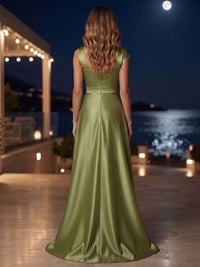 Satin Sheath/Column V-Neck Tea-Length Mother of the Bride & Groom Dresses with Sequin Floral