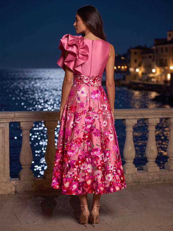 Satin A-Line/Princess V-Neck Tea-Length Mother of the Bride & Groom Dresses with Ruffles