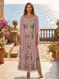 Floral Embroidery A-Line/Princess Cowl Neck Maxi Mother of the Bride & Groom Dresses with Chiffon Cape
