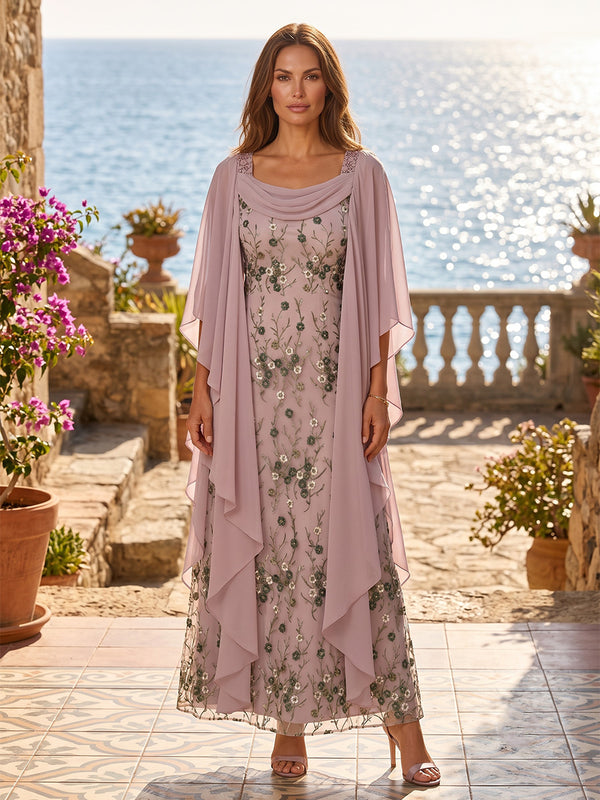 Floral Embroidery A-Line/Princess Cowl Neck Maxi Mother of the Bride & Groom Dresses with Chiffon Cape