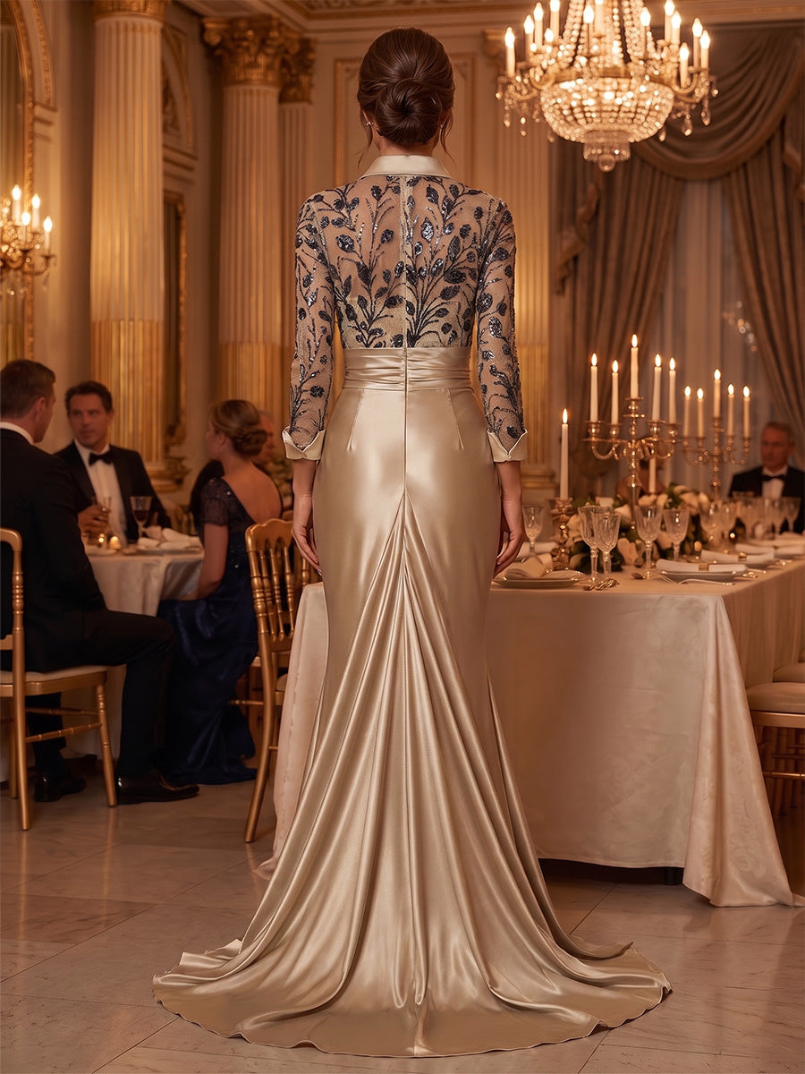 Satin Mermaid/Trumpet V-Neck Floor-Length Mother of the Bride & Groom Dresses with Ruched Waist & Slit