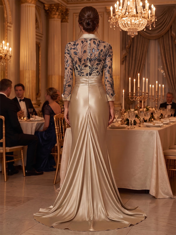 Satin Mermaid/Trumpet V-Neck Floor-Length Mother of the Bride & Groom Dresses with Ruched Waist & Slit