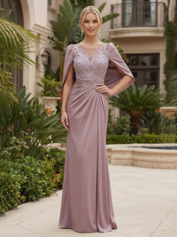 Satin Sheath/Column Scoop Neck Floor-Length Mother of the Bride & Groom Dresses with Lace Embroidery Bodice & Ruched Waist