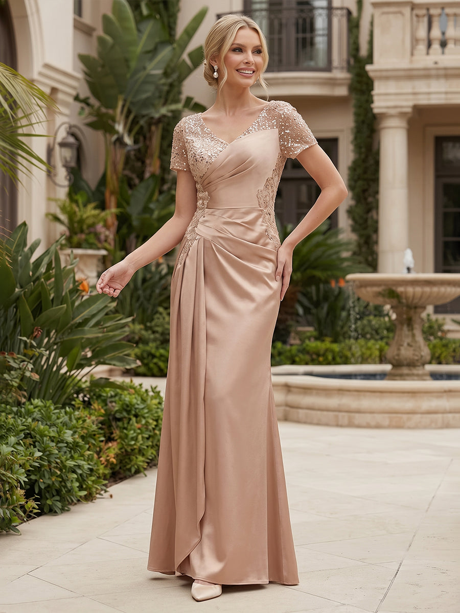 Satin Sheath/Column V-Neck Floor-Length Mother of the Bride & Groom Dresses with Ruched Waist