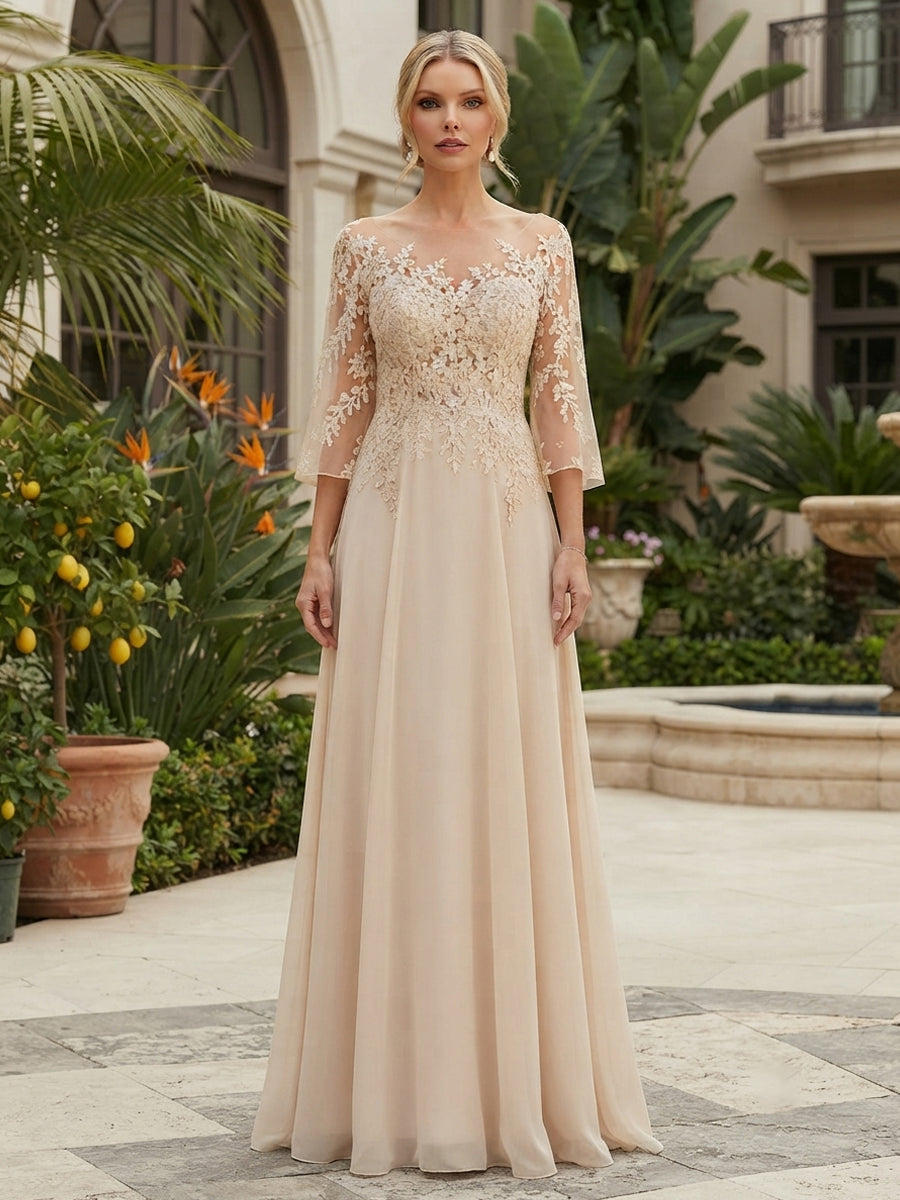 Chiffon A-Line/Princess Scoop Neck Floor-Length Mother of the Bride & Groom Dresses with Lace Bodice & Pleats