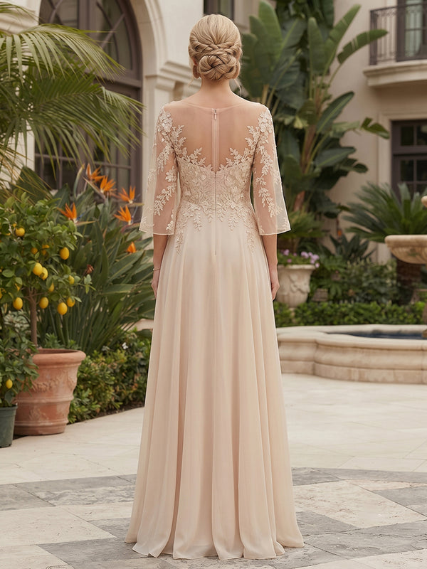 Chiffon A-Line/Princess Scoop Neck Floor-Length Mother of the Bride & Groom Dresses with Lace Bodice & Pleats