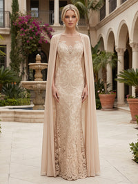 Lace Embroidery Sheath/Column Scoop Neck Floor-Length Mother of the Bride & Groom Dresses with Chiffon Cape