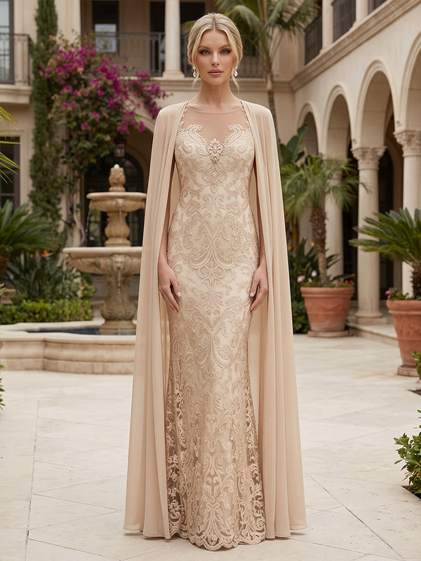 Lace Embroidery Sheath/Column Scoop Neck Floor-Length Mother of the Bride & Groom Dresses with Chiffon Cape