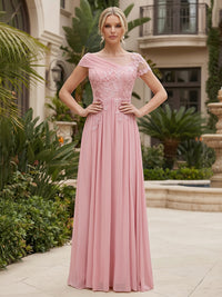 Chiffon A-Line/Princess Scoop Neck Floor-Length Mother of the Bride & Groom Dresses with Lace Bodice & Pleats
