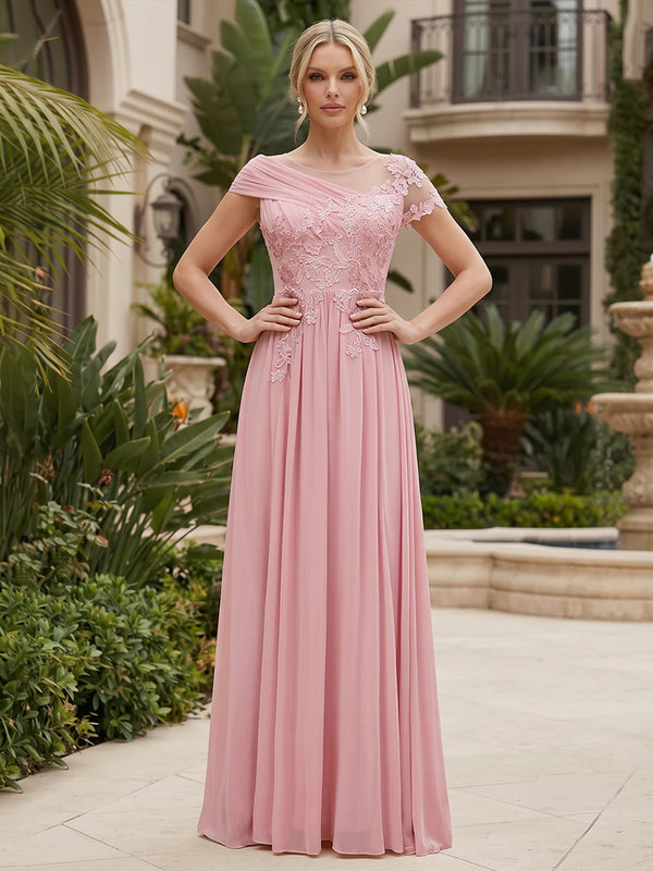 Chiffon A-Line/Princess Scoop Neck Floor-Length Mother of the Bride & Groom Dresses with Lace Bodice & Pleats