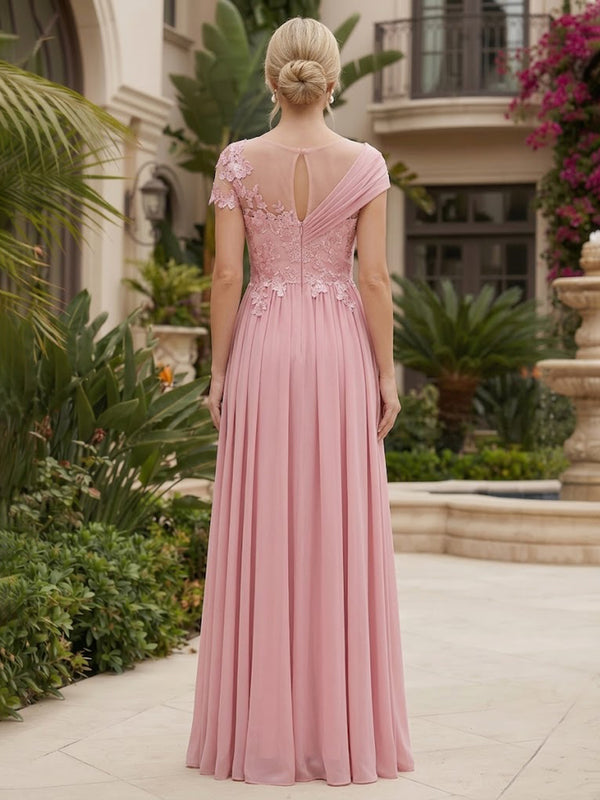 Chiffon A-Line/Princess Scoop Neck Floor-Length Mother of the Bride & Groom Dresses with Lace Bodice & Pleats