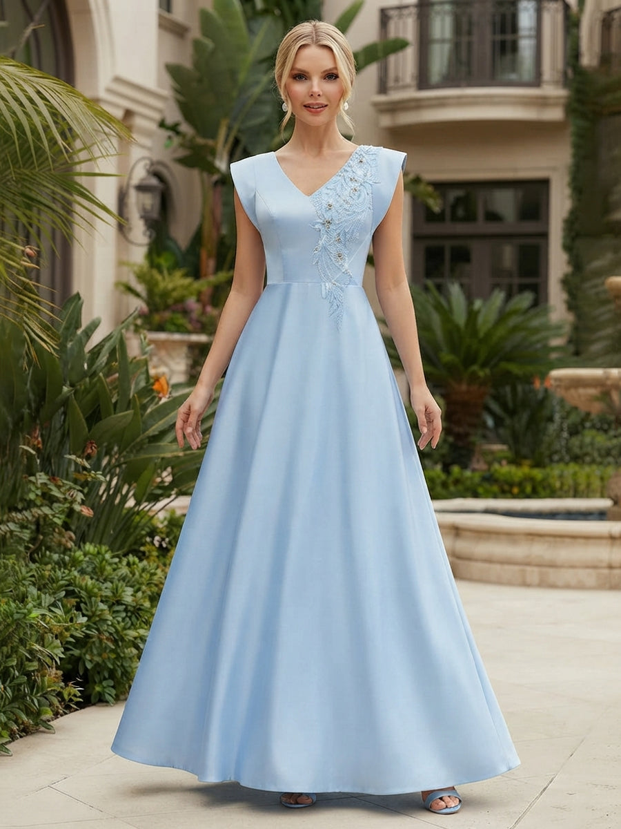 Satin A-Line/Princess V-Neck Floor-Length Mother of the Bride & Groom Dresses with Lace Bodice