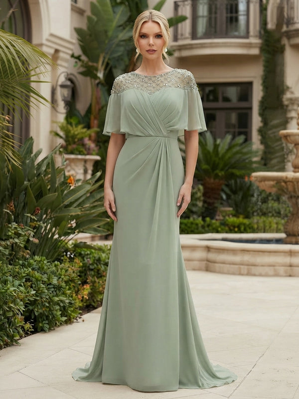 Chiffon Sheath/Column Scoop Neck Floor-Length Mother of the Bride & Groom Dresses with Ruched Waist
