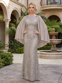 Lace Floral Sheath/Column Scoop Neck Floor-Length Mother of the Bride & Groom Dresses with Chiffon Cape