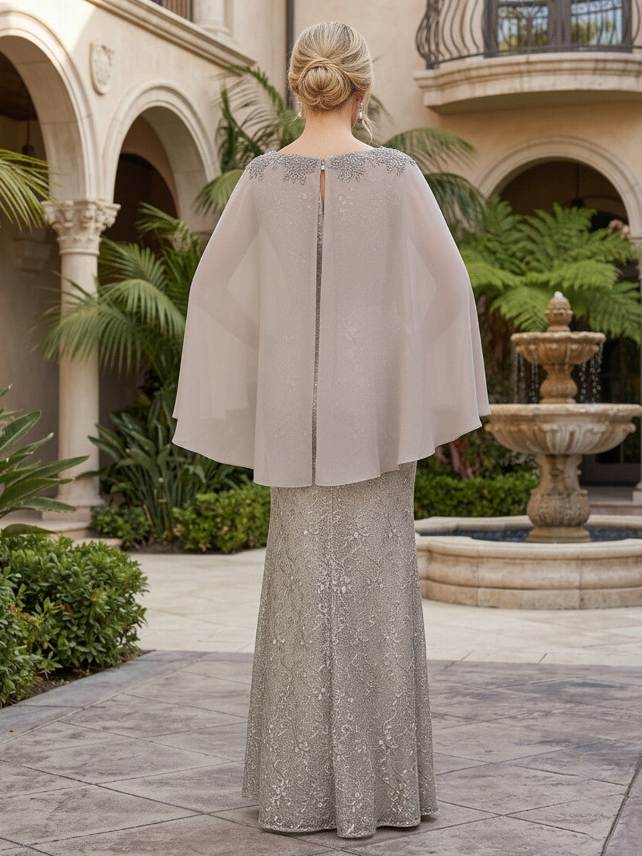 Lace Floral Sheath/Column Scoop Neck Floor-Length Mother of the Bride & Groom Dresses with Chiffon Cape