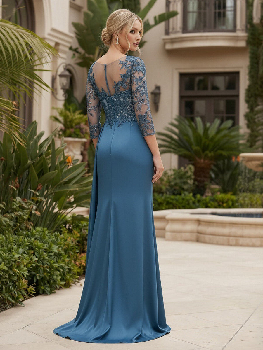 Satin Sheath/Column Scoop Neck Floor-Length Mother of the Bride & Groom Dresses with Lace Embroidery Bodice & Ruched Waist