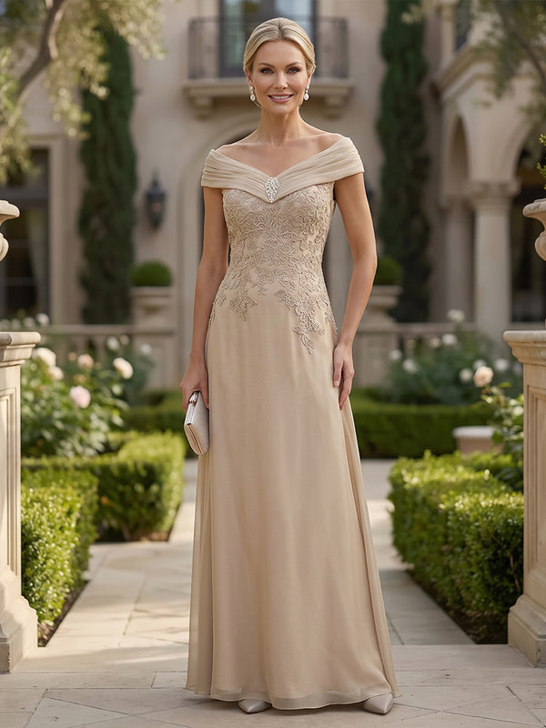 Chiffon A-Line/Princess Off Shoulder Floor-Length Mother of the Bride & Groom Dresses with Lace Bodice