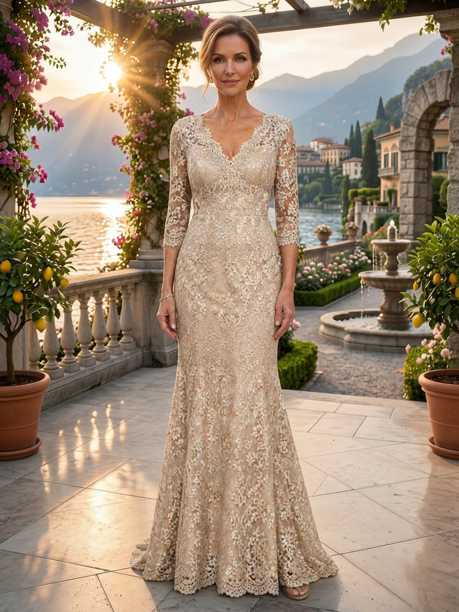 Lace Floral Sheath/Column V-Neck Floor-Length Mother of the Bride & Groom Dresses for Women