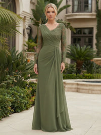 Chiffon Sheath/Column V-Neck Floor-Length Mother of the Bride & Groom Dresses with Lace Embroidery Bodice & Ruched Waist