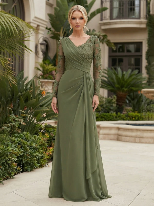 Chiffon Sheath/Column V-Neck Floor-Length Mother of the Bride & Groom Dresses with Lace Embroidery Bodice & Ruched Waist