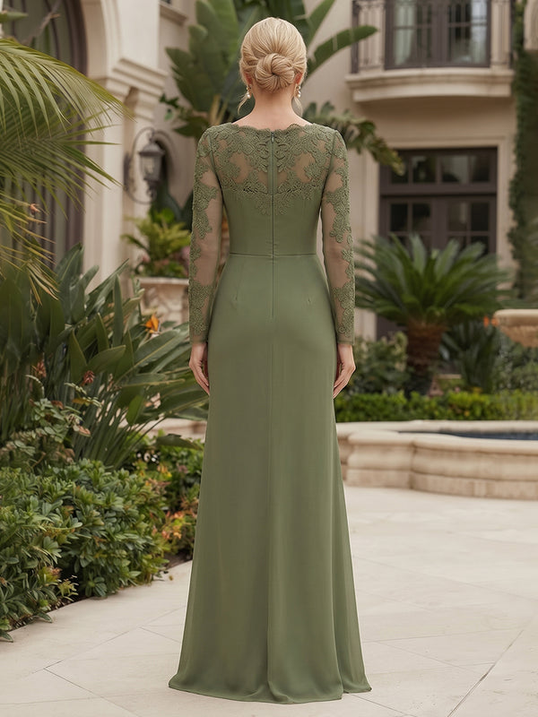 Chiffon Sheath/Column V-Neck Floor-Length Mother of the Bride & Groom Dresses with Lace Embroidery Bodice & Ruched Waist