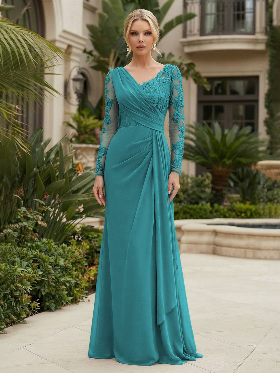Chiffon Sheath/Column V-Neck Floor-Length Mother of the Bride & Groom Dresses with Lace Embroidery Bodice & Ruched Waist