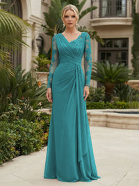 Chiffon Sheath/Column V-Neck Floor-Length Mother of the Bride & Groom Dresses with Lace Embroidery Bodice & Ruched Waist