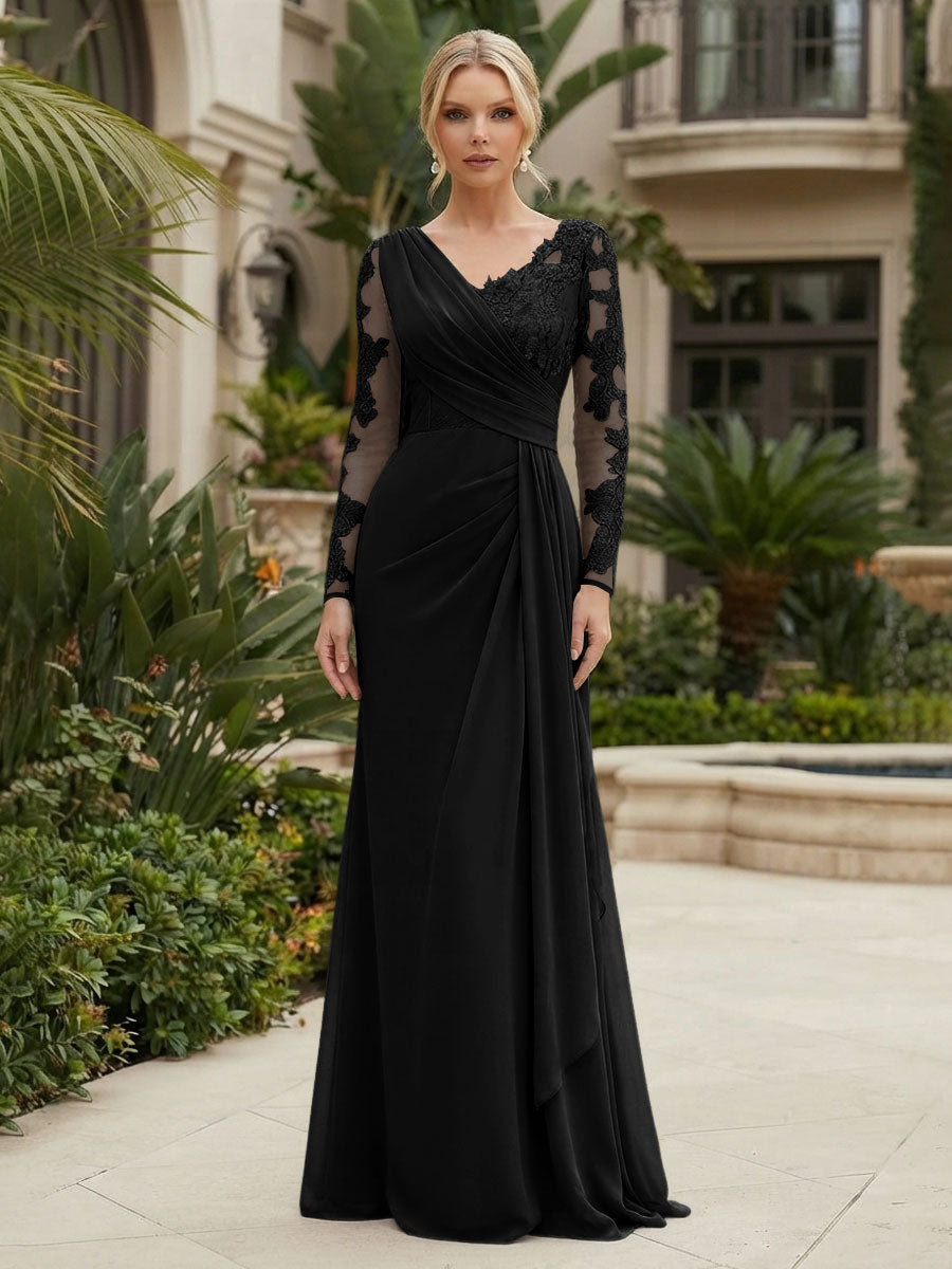Chiffon Sheath/Column V-Neck Floor-Length Mother of the Bride & Groom Dresses with Lace Embroidery Bodice & Ruched Waist