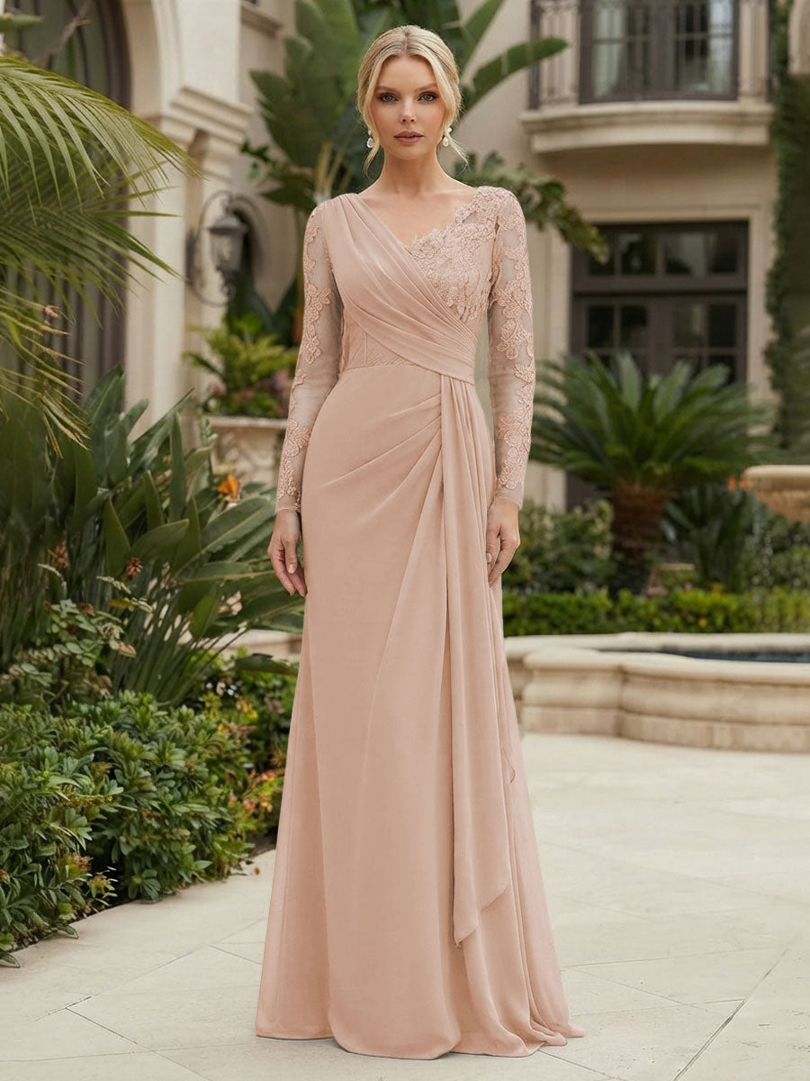 Chiffon Sheath/Column V-Neck Floor-Length Mother of the Bride & Groom Dresses with Lace Embroidery Bodice & Ruched Waist