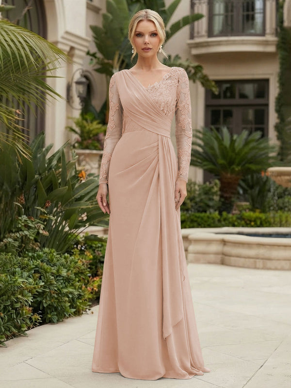 Chiffon Sheath/Column V-Neck Floor-Length Mother of the Bride & Groom Dresses with Lace Embroidery Bodice & Ruched Waist