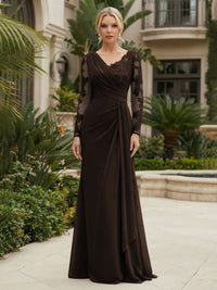 Chiffon Sheath/Column V-Neck Floor-Length Mother of the Bride & Groom Dresses with Lace Embroidery Bodice & Ruched Waist