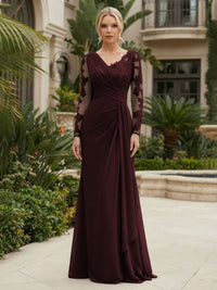 Chiffon Sheath/Column V-Neck Floor-Length Mother of the Bride & Groom Dresses with Lace Embroidery Bodice & Ruched Waist
