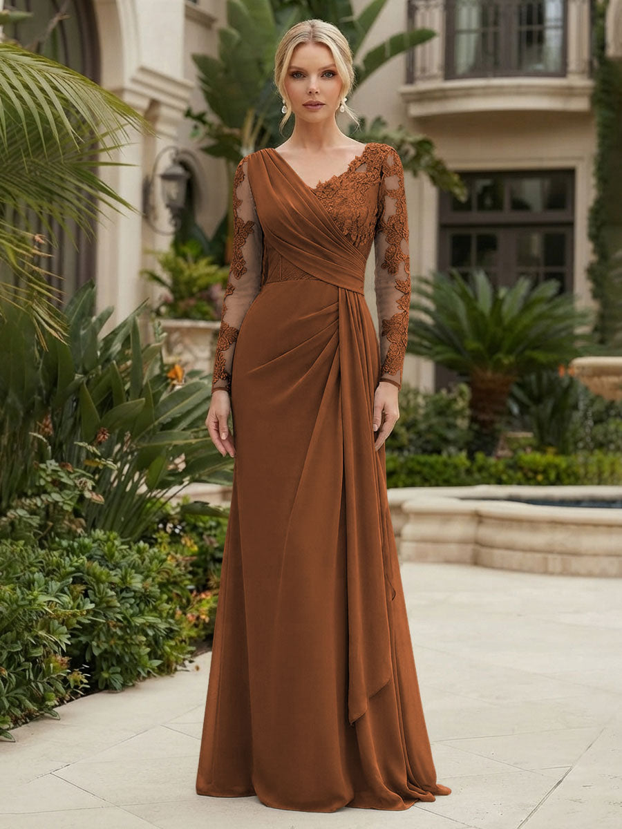 Chiffon Sheath/Column V-Neck Floor-Length Mother of the Bride & Groom Dresses with Lace Embroidery Bodice & Ruched Waist
