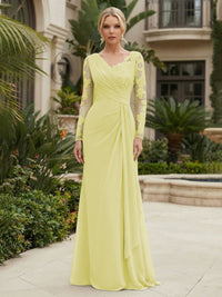 Chiffon Sheath/Column V-Neck Floor-Length Mother of the Bride & Groom Dresses with Lace Embroidery Bodice & Ruched Waist