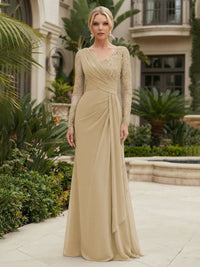 Chiffon Sheath/Column V-Neck Floor-Length Mother of the Bride & Groom Dresses with Lace Embroidery Bodice & Ruched Waist