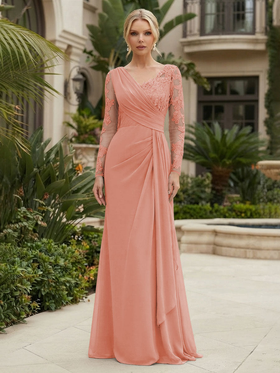 Chiffon Sheath/Column V-Neck Floor-Length Mother of the Bride & Groom Dresses with Lace Embroidery Bodice & Ruched Waist