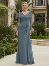 Chiffon Sheath/Column V-Neck Floor-Length Mother of the Bride & Groom Dresses with Lace Embroidery Bodice & Ruched Waist