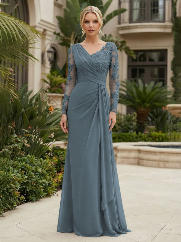Chiffon Sheath/Column V-Neck Floor-Length Mother of the Bride & Groom Dresses with Lace Embroidery Bodice & Ruched Waist