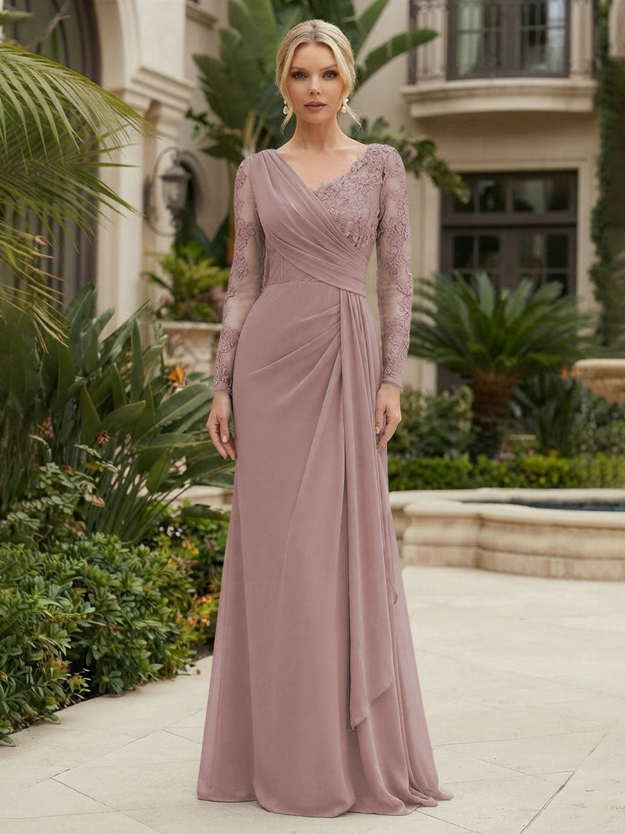 Chiffon Sheath/Column V-Neck Floor-Length Mother of the Bride & Groom Dresses with Lace Embroidery Bodice & Ruched Waist