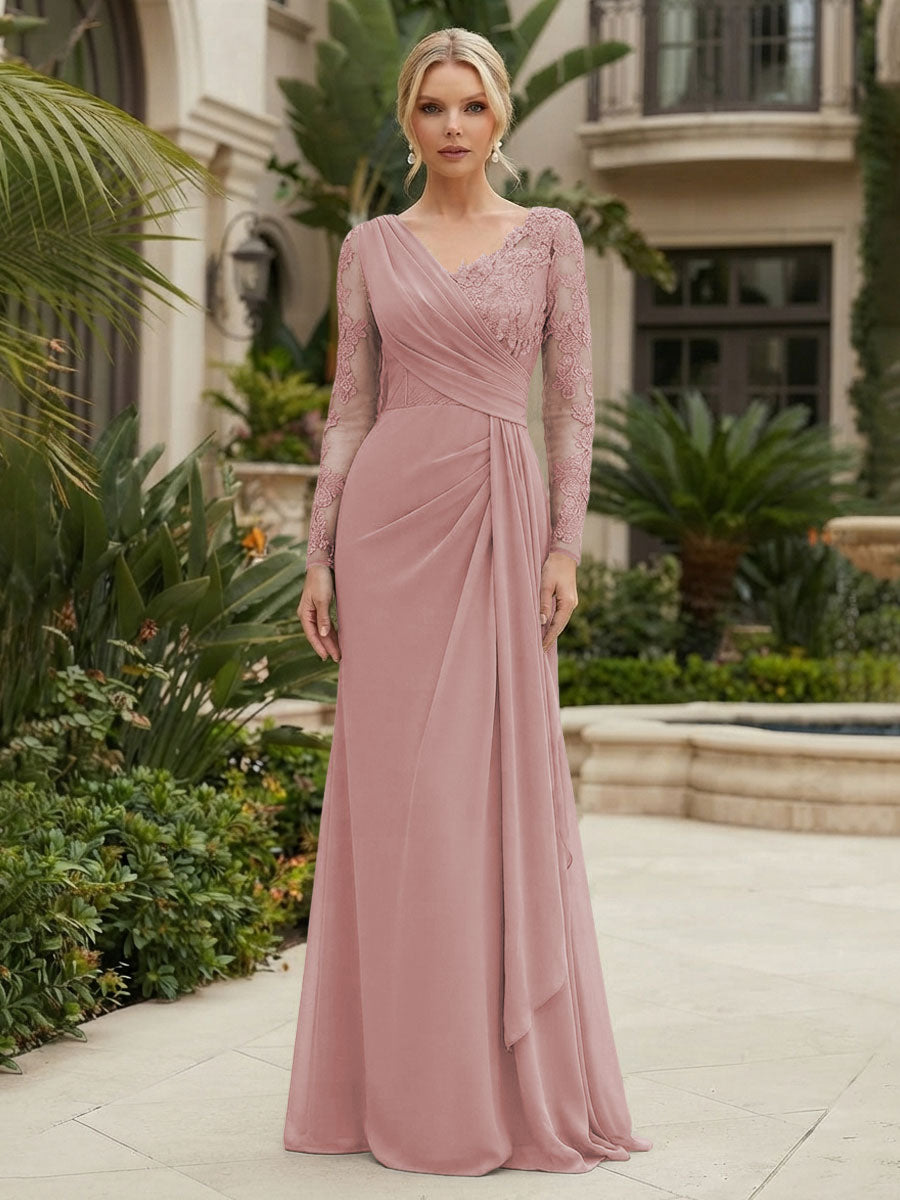 Chiffon Sheath/Column V-Neck Floor-Length Mother of the Bride & Groom Dresses with Lace Embroidery Bodice & Ruched Waist