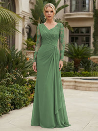 Chiffon Sheath/Column V-Neck Floor-Length Mother of the Bride & Groom Dresses with Lace Embroidery Bodice & Ruched Waist