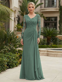 Chiffon Sheath/Column V-Neck Floor-Length Mother of the Bride & Groom Dresses with Lace Embroidery Bodice & Ruched Waist