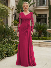 Chiffon Sheath/Column V-Neck Floor-Length Mother of the Bride & Groom Dresses with Lace Embroidery Bodice & Ruched Waist