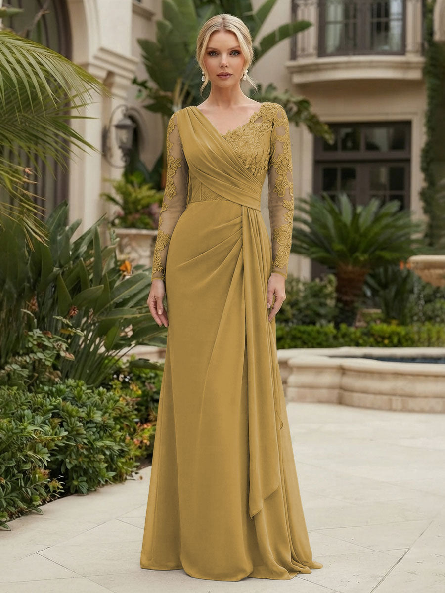 Chiffon Sheath/Column V-Neck Floor-Length Mother of the Bride & Groom Dresses with Lace Embroidery Bodice & Ruched Waist